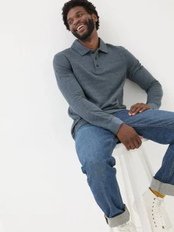Navy Herringbone Long Sleeve Polo Shirt